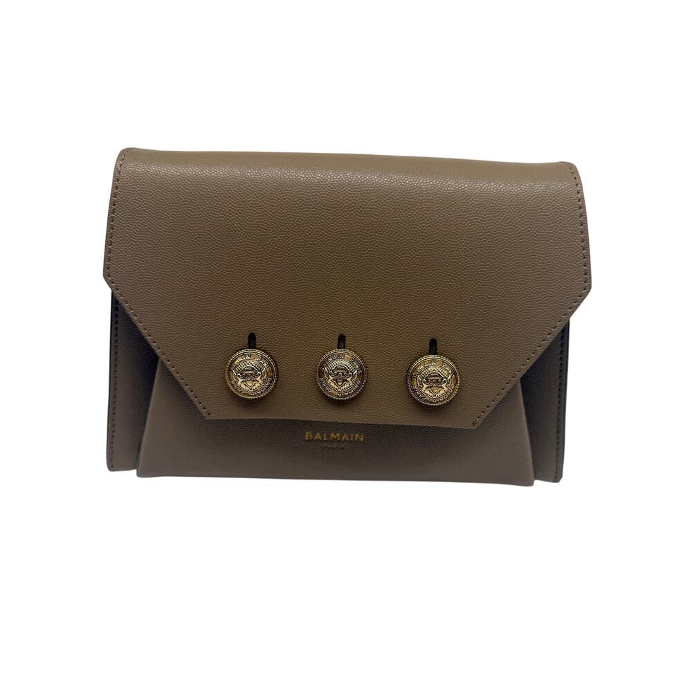 Balmain Emblème Calfskin Leather  Button Accent Shoulder Bag Taupe Brown